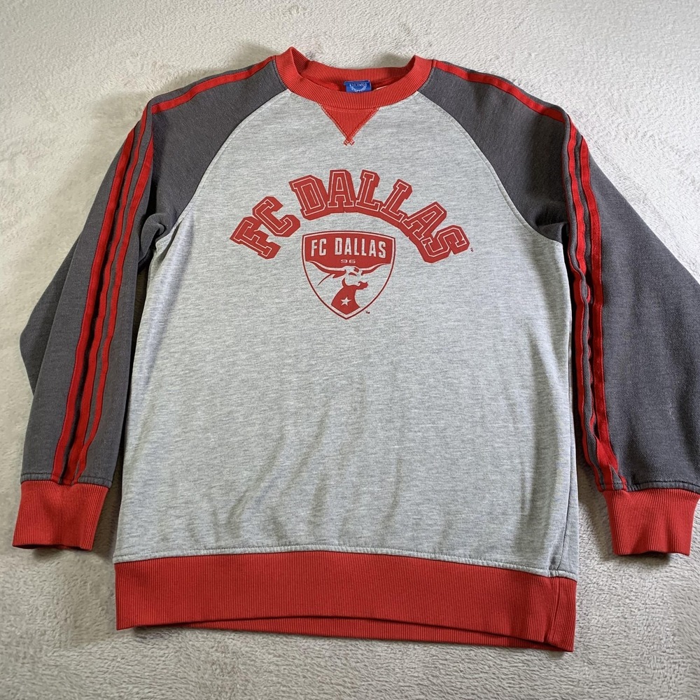 FC Dallas Sweatshirt Mens Medium Gray Red MLS Soccer Adidas Fleece Crewneck